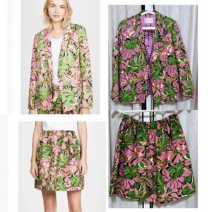 La DoubleJ Vibrant Green and Pink Floral Wool Blazer and Skirt Set XS